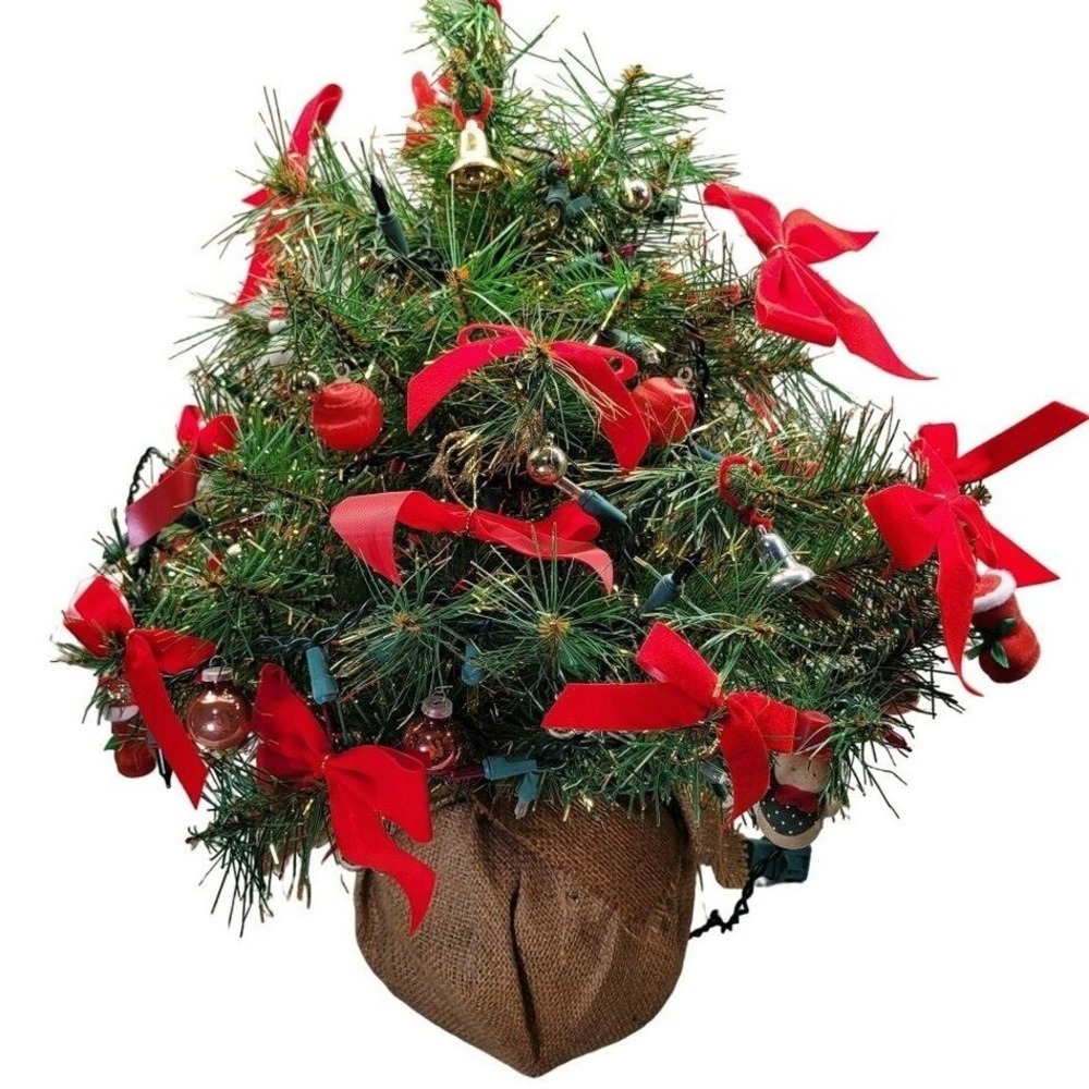 Decorated Miniature Christmas Tree Lights Red‎ Bows Ornaments Burlap Base Vtg
